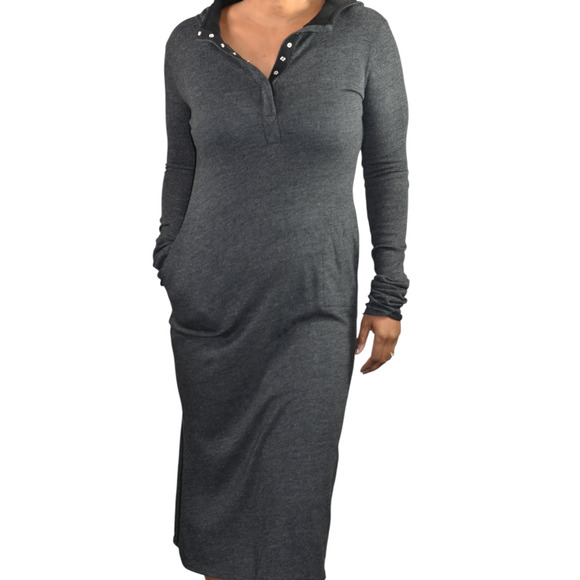 Noctex Henley Sweater Dress Grey Charcoal Wool Midi Hooded Pockets Side Slits XS - Picture 13 of 15